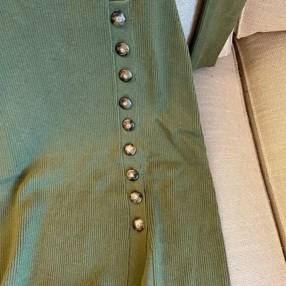 BEST Sezane Harper Midi Knit Dress Large Moss Green Ribbed French High Neckline - Picture 6 of 7